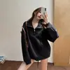 Nova blusa de moletom de air-layer macio com gola alta estilo americano de caimento solto para outono, com meio zíper para mulheres
