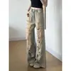 Jeans Rasgados Retro Americanos Desgastados para Mujer, Otoño Cintura Alta Adelgazantes de Plátano Rectos de Pierna Ancha Largo Hasta el Suelo