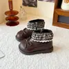 Botas negras de cuero forradas de felpa para niñas, botines de invierno para niños, botas de princesa con lazo para bebé niña