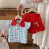 Conjunto de Verano a Cuadros con Bloques de Color para Niña, Conjunto de Dos Piezas con Camisa de Mangas Voladas y Falda Corta para Bebé, Dulce Ropa de Verano para Bebé