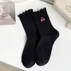 Meias até a Panturrilha para Mulheres, Outono e Inverno, Algodão Puro, Bordado Fofo de Morango, Meias Brancas Largas, Meias Longas Sem Costura de Renda Estilo Ins