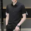 Camisa Masculina Preta de Seda de Gelo Manga Curta Verão Fina Elástica Sem Ferro Camisa Casual de Negócios para Trabalho