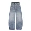 Calça jeans reta estilo americano com textura de bambu lavada, detalhes de botões estilo parisiense, unissex, retrô, versátil para o trabalho, calça larga solta