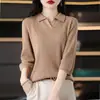 Colección Otoño 2025 Transfronteriza Camisa Base de Punto de Algodón con Cuello Polo y Manga Tres Cuartos para Mujer, Holgada, Adelgazante