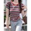 Camiseta Feminina Color Blocking Listras Arco-Íris Manga Curta Ombro Normal Verão Nova Gola Redonda Petite Versátil Estilo Ins Top
