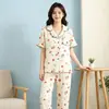 Atacado Dropshipping Gola Estampa de Morango Manga Curta Calça Longa Algodão Puro Crepe Pijama Feminino Confortável Pode Ser Usado Fora Pijama