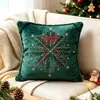 Funda de almohada bordada navideña verde oscuro, un producto popular transfronterizo, con diseño de lazo rojo, copo de nieve y árbol de Navidad, funda de cojín para sofá al por mayor