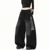 Pantalones deportivos de pierna ancha versátiles de pierna recta para mujer, con estampado de letras vintage para comercio transfronterizo, ajuste holgado, estilo americano casual, pantalones curvos desgastados