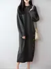 Vestido Casual de Lana Pura para Mujer, Otoño e Invierno Engrosado Cuello Redondo Botón Lateral Holgado Por Encima de la Rodilla Vestido Suéter de Punto Midi