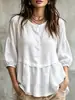 Camisa suelta de moda de color liso con mangas de tres cuartos fruncidas y cuello redondo, nueva ropa de verano para mujer de Amazon, casual transfronterizo europeo y americano