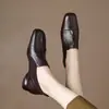 Sapatilhas Quadradas Retrô Marrons Francesas para Mulheres, Slip-Ons de Malha Elástica de Boca Profunda Estilo Britânico, Sapatos Pequenos de Couro, Sapatos de Salto Baixo para Mulheres