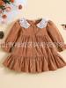 Outono Novo Vestido de Meninas Veludo Cotelê Outono Roupa Infantil Cardigan Saia Longa Cor Sólida Gola de Renda Vestido de Princesa
