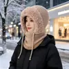 Chapéu de Lã Tricotado Quente com Pelúcia para Passeio ao Ar Livre no Inverno Chapéu Feminino Máscara Lenço Balaclava Integrada
