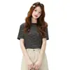 Atacado de fabricante camiseta listrada de manga curta para mulheres, algodão 210g fio 40, verão 21, corte slim, color blocking, cropped, ombro normal
