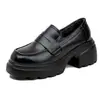 Versão em Pele de Ovelha ~ Mocassins Plataforma Slip-On de Couro Genuíno de Solado Grosso para Mulheres, Sapatos Pequenos de Couro Versáteis Estilo Britânico Retro Preto