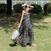 Enviado: Vestido de Verão 2026 Novo Estilo Listrado Xadrez Solto Emagrecedor Vestido Pulôver com Decote V Feminino 14187