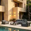Sofá Externo de Teca Pátio Terraço Estilo Wabi-sabi Madeira Maciça Liga de Alumínio Proteção Solar Resistente às Intempéries Mobiliário Externo para Pousada Hotel