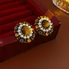 Pendientes de Borla con Piedra Ojo de Tigre Redonda Aguja Plateada Pendientes de Botón Vintage Retro Pendientes Versátiles de Lujo Ligero para Mujer