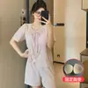 Pijama de Algodón Nube para Mujer con Almohadilla en el Pecho Verano Dulce Estilo Princesa Rayado Manga Corta Shorts Ropa Exterior Holgada Ropa para el Hogar