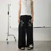 Calça de moletom estilo americano com patches estampados de letras de bolso, unissex, estilo minimalista, nicho, caimento relaxado, calça casual de perna reta