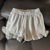 Pantalones cortos casuales de pierna ancha y cintura alta de tiro real de estilo europeo y americano para mujer, pantalones deportivos holgados de estilo coreano de verano con orejas de madera que combinan con todo.