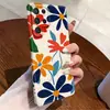 Funda ligera de película de cobertura total con diseño floral de color contrastante pintada a mano estilo retro adecuada para funda de teléfono Samsung S23/S24/S25 Ultra