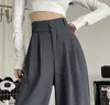 Traje blanco pantalones de pierna ancha para mujer primavera 2023 nuevo cintura alta drapeado suelto pantalones de mopa hebilla doble casual rectos