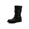 Novas botas de outono e inverno com fivela de cinto, botas Melard, botas femininas de salto grosso de 4 cm, bico redondo, botas curtas, botas femininas versáteis de uso duplo