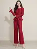 Conjunto de Dos Piezas para Mujer para el Trabajo, Top de Manga Larga a Rayas Verticales y Pantalones de Pierna Ancha, Conjunto Completo de Estilo Ligero y Maduro