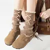 Botas e Meias de Algodão para Mulheres, Meias de Renda Lolita Felpudas para Meninas, Meias para Pernas Doces Espessadas de Outono e Inverno para Meninas com Laço