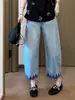 Calça jeans feminina de perna larga com bordado pesado estilo europeu, fina de verão, cintura alta vintage, emagrecedora, versátil, cropped, perna reta