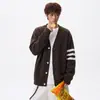Cardigan Suéter Americano de Gola V com Três Barras Masculino Outono/Inverno Jovem Tendência Marca Solto Casual Tricô para Casal Roupa Externa