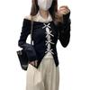Suéter curto com decote em V vazado feminino, manga comprida, outono e inverno, ombro acolchoado, blusa solta, emagrecedora, casual, cintura alta, malha umbigo