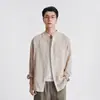 Camisa de Lino Tencel con Cuello Mao y Mangas Largas para Hombre, Transpirable de Verano, Texturizada, un Bolsillo, Holgada, Estilo Chino