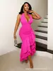 Nuevo vestido de moda transfronterizo europeo y americano, ajustado, plisado, color liso, cuello en V, cuello halter