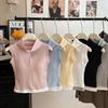 Camiseta de dos piezas falsas con empalme azul claro, cremallera, cuello semiabierto, chaleco sin mangas corto ajustado para mujer, verano