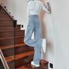 Calça Jeans Reta com Botões Duplos, Feminina Azul Claro, Novo Estilo Cintura Alta 2025, Calça Wide Leg Solta e Elegante, Com Caimento Longa até o Chão