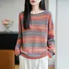 Suéter de tricô vazado listrado dopamina para mulheres, cardigã de manga comprida, top designer solto estilo coreano para o início do outono
