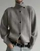 Roupas Femininas Europeias e Americanas Transfronteiriças Outono e Inverno Novo Estilo Preguiçoso Gola Alta Casual Malha Solta Cardigã Feminino Design de Botão Suéter