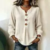 Camiseta T-shirt feminina de malha waffle com gola V e mangas compridas, multicolorida, estilo casual solto de abotoamento simples, novo estilo outono e inverno, para comércio exterior transfronteiriço europeu e americano