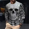 Camiseta Masculina Divertida com Estampa de Caveira Manga Longa Casual Respirável de Poliéster para Halloween e Atividades ao Ar Livre