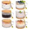 Taza de Café Retro con Asa de Vidrio Repujado Transfronteriza con Cuchara Tapa de Madera Taza para Avena Taza para Desayuno Taza de Leche Bol para Yogur