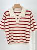 Ropa de Trabajo con Temperamento Versátil Polo de Punto a Rayas Rojas para Mujer Verano Cuello en V Camiseta de Manga Corta Top de Seda Helada para Mujer