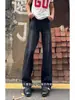 Jeans retro americano com efeito de ondas d'água para homens, início do outono, perna reta, perna larga, levemente flare, cintura alta, calça jeans curva cool