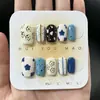 Manicura Puramente Hecha a Mano, Estilo Corto, Estilo Retro Coreano, Rayas, Puntos, Flores Pintadas a Mano, Azul Neblina, Gama Alta, Favorecedor para el Cutis