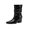 Botas de tornozelo plissadas estilosas estilo britânico de 6 cm, nova coleção outono/inverno 2026, bico fino, salto grosso, botas de moda de salto alto sem cadarço