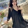24 primavera e verão nova mulher de seda de gelo cinta camisola camisola de duas peças desgaste da casa sexy malha see-through pijamas