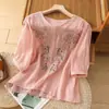 Nova estilo primavera e verão camisa bordada de algodão e linho estilo chinês para mulheres, top versátil de manga curta estilo nacional soltinho para o verão em rosa