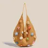 Bolsa de Tecido Floral de Tricô Novo Estilo para Mulheres, Estilo Coreano Ins Estilo Preguiçoso Bolsa de Ombro Vazada, Bolsa Tote Versátil de Grande Capacidade