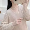 Camiseta Base de Tricô com Decote V Vazado para Mulheres, Manga Longa, Novo Estilo Primavera e Outono 2026, Roupa de Baixo Estilosa, Suéter Pulôver de Cor Sólida